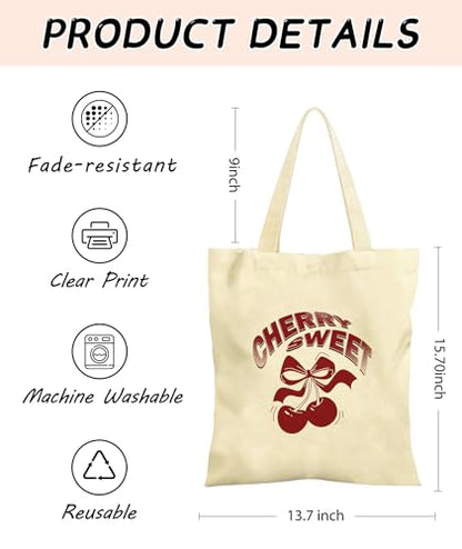 Women's Canvas Tote Bags with Inner Pockets & Metal Snap, Reusable Tote Bag for Girl's Vacation Travel Gym Shopping - color: Cherry 1