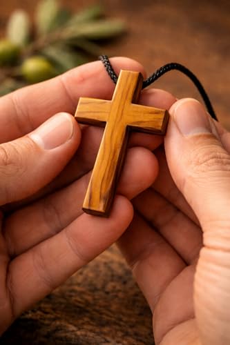 Olive Wood Cross Necklace from Bethlehem – 1.5" Wooden Crucifix Pendant with 24" Adjustable Black Cord, Christian Jewelry for Men and Women
