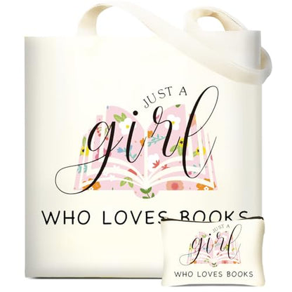 DHQH Canvas Book Tote Bag with Makeup Bag for Women, Book Lover Birthday Gifts, Aesthetic Book Tote Bag Reusable Bag for Librarian, Readers, Bookish Christmas Gifts - style: Books Baga