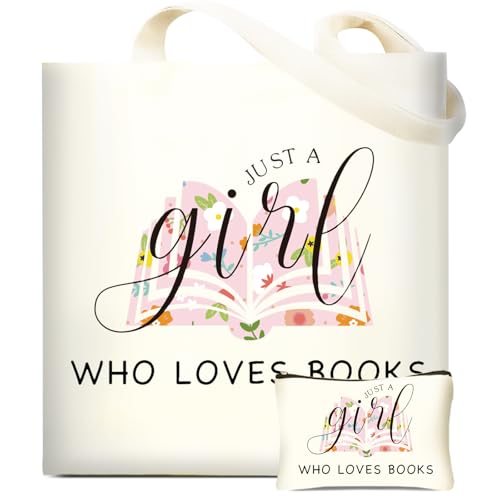 DHQH Canvas Book Tote Bag with Makeup Bag for Women, Book Lover Birthday Gifts, Aesthetic Book Tote Bag Reusable Bag for Librarian, Readers, Bookish Christmas Gifts - style: Books Baga