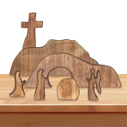 Empty Tomb Easter Scene Decoration – Handmade Wooden Resurrection Cross Set with Figures & Stone, Religious Easter Tabletop Centerpiece for Home, Christian Faith Décor, Spring