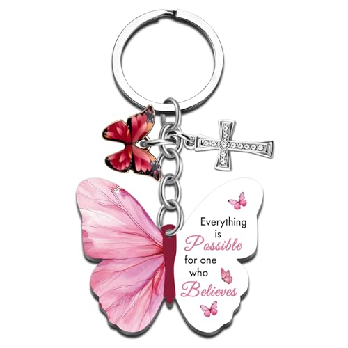 Butterfly Christian Keychain Women Cross Bible Verse Keychain Butterfly Purse Charm Inspirational Religious Gifts - color: Pink