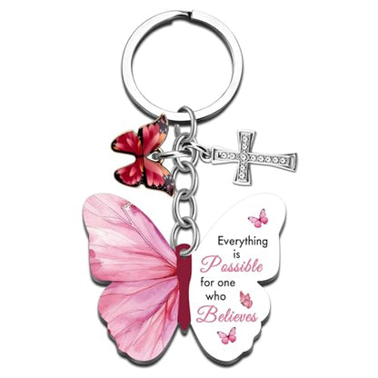 Butterfly Christian Keychain Women Cross Bible Verse Keychain Butterfly Purse Charm Inspirational Religious Gifts - color: Pink