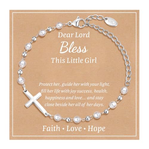 Baby Baptism Cross Bracelet Gift : 18k Gold Plated/Silver Delicate Pearl Cross Bracelets Kids Daughter Granddaughter Birthday First Communion Confirmation Gifts Christian Jewelry for Boys Girls - style: Silver - style A