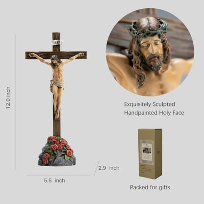 BC Catholic Crucifix Standing Cross with Rose Stone Base 12"H - size: 12 inches H