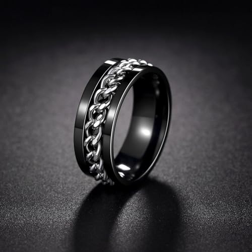 Mens Fidget Rings Anxiety Ring for Men 6mm 8mm Chain Spinner Ring Size 5-14 - color: Black Silver