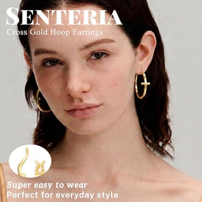 Senteria 3MM 925 Sterling Silver Post Cross Hoops Earrings Hypoallergenic - color: Gold-40MM