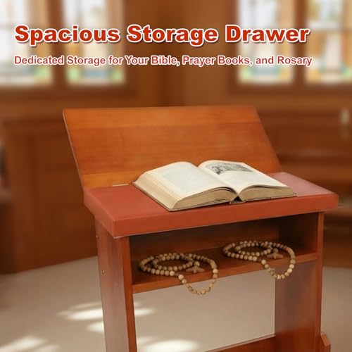 Fanwer Prayer Kneeler Bench with Foldable Book Stand, Adjustable Height Kneeling Stool with Storage Space & Thick Cushion, Space-Saving Prayer Chair for Home Church Bible Reading