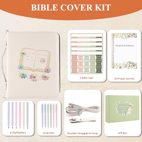 AKONEGE White Bible Cover with Handle & Shoulder Strap for Women Girls - color: White