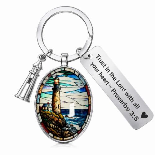 3D Glass Lighthouse Keychain with Bible Verses,Christian Gifts for Women Faith - color: Proverbs 3:5