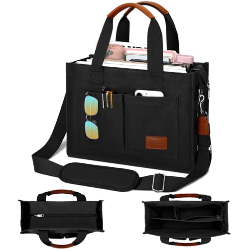 KKXIU Large Canvas Tote Bag for Women with Zipper and Compartments Crossbody Work Bible Messenger Purse Bag With Pockets - color: Black, size: X-Large