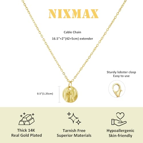 NIXMAX Small Cross Necklace for Women, 14K Gold Silver Plated Pendant - color: Gold-Hammered Cross