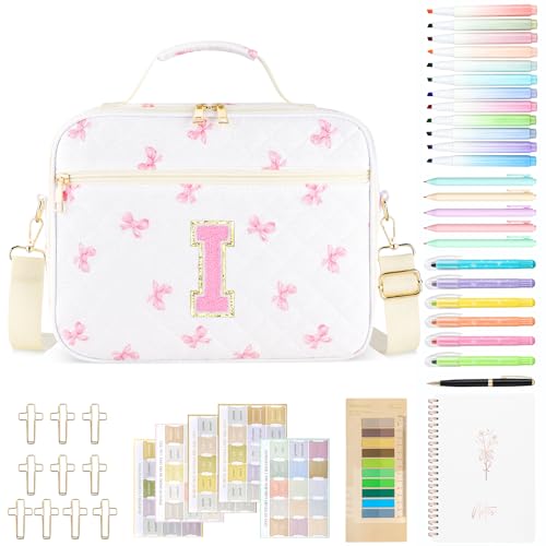 Personalized Initial Bible Cover Case for Women Bible Bag w/Study Supplies - color: Pink Bow, size: I
