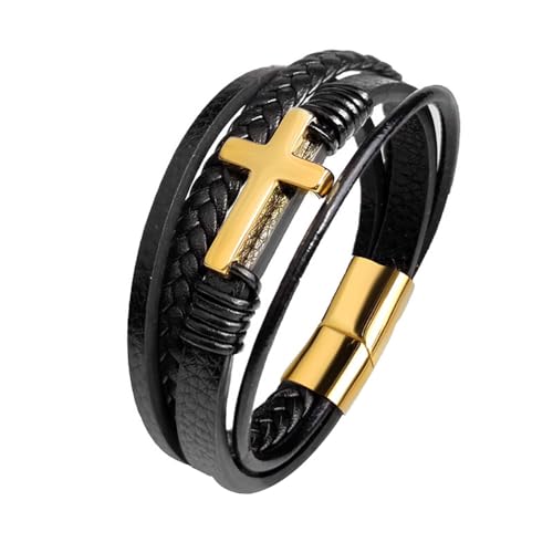 Mens Brown Leather Bracelet Multi-Layer Braided Leather Cross Bracelet Religious Confirmation Gifts - color: Black Leather Gold Cross