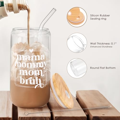 SANDJEST Mother Glass Can, Mama Mommy Mom Bruh Cup with Lid & Straw, Iced Coffee Aesthetic Cups, Idea Gift for Christmas Birthday Mother Day, Gifts for Women, 16oz - color: Mom 3