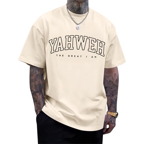 Christian Jesus Shirts for Men Religious God Yahweh Faith Shirt Bible Verse Vintage Oversized Graphic Tees Cotton Top - color: Apricot, size: Large