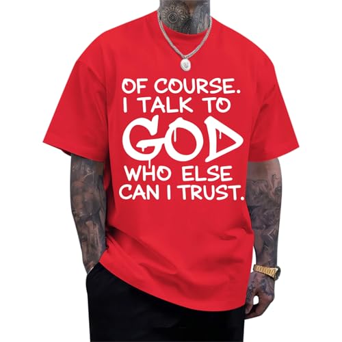Fkatuzi Christian Jesus God Shirts for Men Religious Faith Bible Verse T Shirt Oversized Graphic Tee Cotton Streetwear Tops - color: Red, size: Small