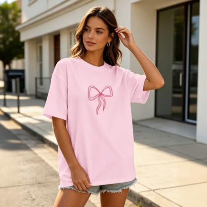 Christian Faith Bow Shirts for Women Cute Coquette Shirt Jesus Religious Tshirts Bible Verse Oversized Graphic Tee - color: Pink, size: Medium