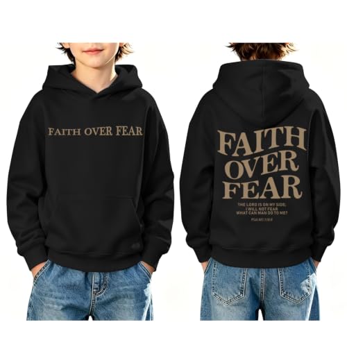 Fkatuzi Boys Christian Faith Over Fear Hoodie Kids Jesus Sweatshirt Faith Verse Bible God Religious Graphic Hoodies Pullover - color: Black, size: 11-12 Years