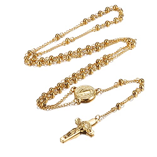 Rosary Beads Cross Necklace for Women Men, Stainless Steel Lords Prayer Long Chain Necklace Jewelry Gifts Y Necklace - color: GOLD-4mm
