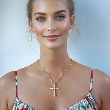 Gold Cross Necklace for Women, 14K Gold Plated - style: Pearl Cross