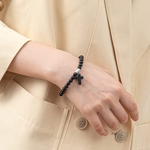 Softones 6mm Bead Cross Pendant Bracelet for Women Healing Stone Stretch Prayer Bracelet for Women,with Gift Box - color: Bright Black Matte