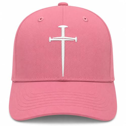Three Nails Cross Christian Hats, Embroidered Baseball Caps for Adults - color: Pink White