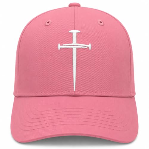 Three Nails Cross Christian Hats, Embroidered Baseball Caps for Adults - color: Pink White