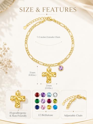 14K Gold Cross Religious Christian Birthstone Women Bracelet Gifts