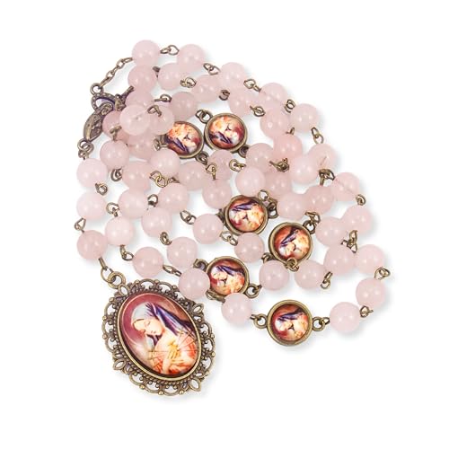 Nazareth Store Our Lady of Sorrows Stone Beads Rosary Solid Beaded Chaplet Necklace with Epoxy 7 Seven Sorrows Medallion - color: Rose Quartz