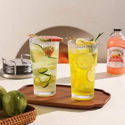 Ribbed Glass Tumbler Drinking Glasses with Lids & Straws, Leak-Proof 20oz and 15oz Glass Cups, 8PCS Glass Tumblers, Ideal for Home, Office, Outdoor Use - style: 8PCS-Clear
