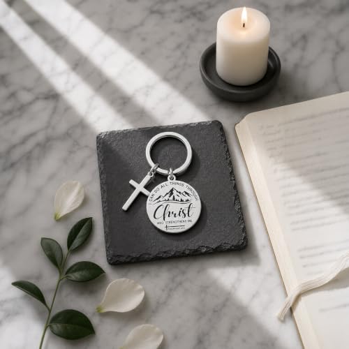 Cross Keychain Bible verse Stainless Steel Round Engraved