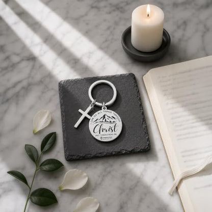 Cross Keychain Bible verse Stainless Steel Round Engraved