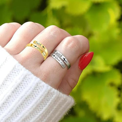 Faith Over Fear Cross Inspirational Rings for Women Daughter, Christian Blessed Hope Love Encouragement Rings Adjustable Open Tiny Purity Wrap Thumb Cross Ring Jewelry Graduation Cocktail Party - color: Gold&Gold