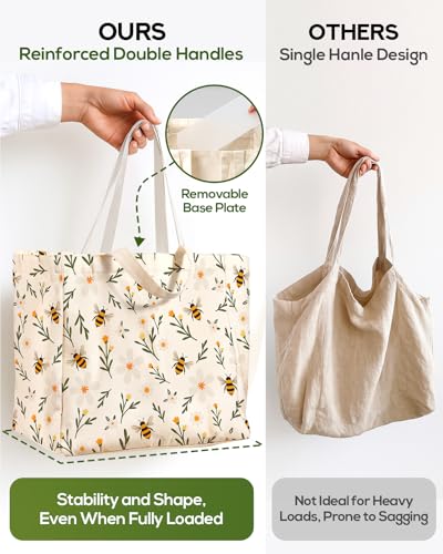 Miss Adola Extra Large Canvas Grocery Tote Bag - color: Wild Flowers & Bee