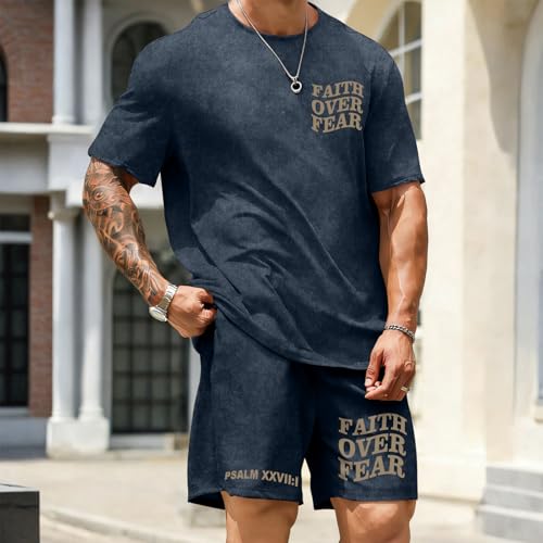 Men's Christian Shirt and Shorts Set Oversized Faith Over Fear T Shirt Washed Religious Bible Verse 2 Piece Outfits - color: Denim Blue, size: X-Large
