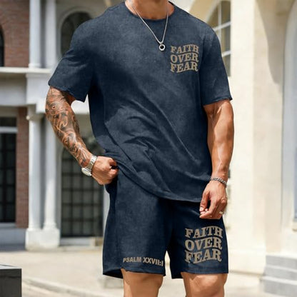 Men's Christian Shirt and Shorts Set Oversized Faith Over Fear T Shirt Washed Religious Bible Verse 2 Piece Outfits - color: Denim Blue, size: X-Large
