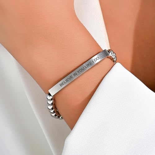 Inspirational Christian Bracelet for Women, Stainless Steel Beaded Cross Jewelry with Bible Verse, Religious Faith Gift for Mom, Daughter, Sister, Friend - color: BELIEVE IN YOU LIKE I DO-Silver Bead
