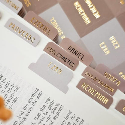 Laminated Bible Tabs for Women and Men, Gold Foil Embossed Lettering - style: Khaki