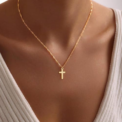 Cross Necklace for Women, Dainty 14K Gold Plated CZ Pendant - color: Gold-small cross