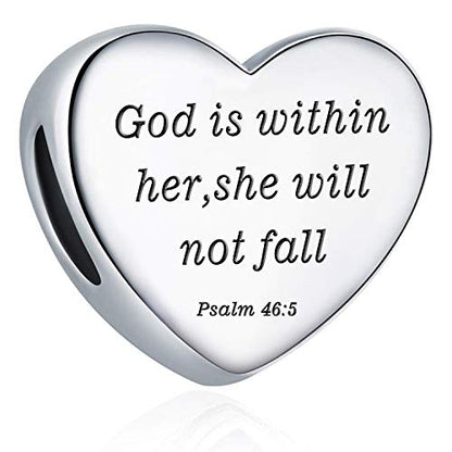 Heart Charm Fit Pandora Charms Bracelet Christian Bible Verse Charm Prayer Faith Religious Charms Gifts for Women - style: God is within her,she will not fall Psalm 46:5