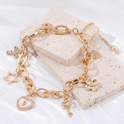 Boho Cute Gold Charm Link Bracelet for Women Starfish Clover Cross Star Lock Key Heart Pearl Charm Bracelets Vacation Spring Summer Santa Claus Reindeer Christmas Party Jewelry Gifts for Womens - style: Gold Lock and Key Charm