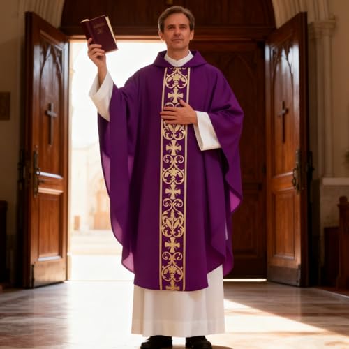 Clergy Vestments Chasuble Cross Robe Priest Cloak Church Mass - color: Purple