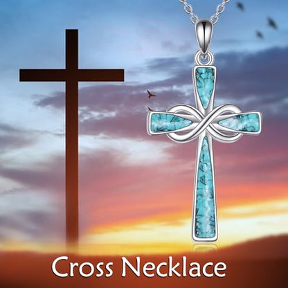 Infinity Cross Necklace S925 Sterling Silver Turquoise/Wooden/Opal/Abalone Cross Pendant Necklaces Christian Jewelry Gifts For Women - style: Turquoise