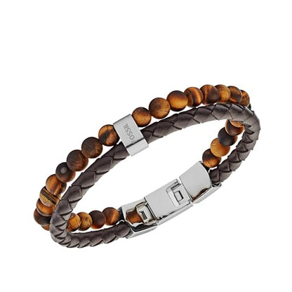 Fossil Men's Beaded Bracelet - color: Tigers Eye/Brown/Leather