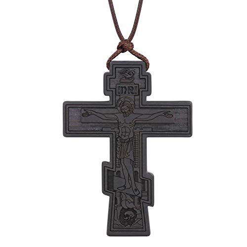 COTTVOTT Wood Orthodox Cross Pendant Necklace Christian Crucifix Necklace Prayer Jesus for Women Men - style: B-Black Color