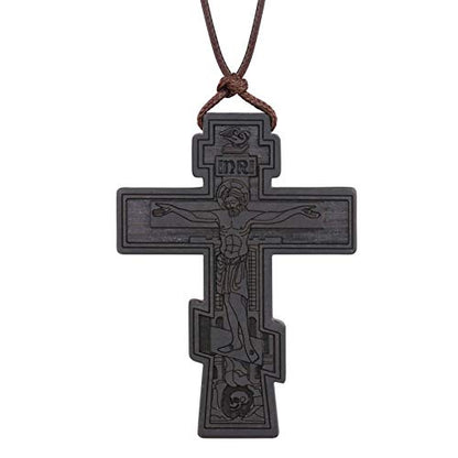 COTTVOTT Wood Orthodox Cross Pendant Necklace Christian Crucifix Necklace Prayer Jesus for Women Men - style: B-Black Color