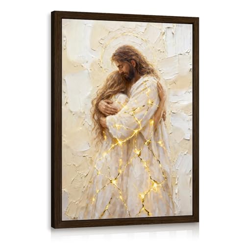 INJOLLY Wood Framed Jesus Embrace Woman Christian Wall Art 12x16 in - color: Woman, size: 16"L x 12"W