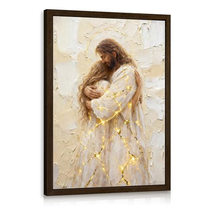 INJOLLY Wood Framed Jesus Embrace Woman Christian Wall Art 12x16 in - color: Woman, size: 16"L x 12"W