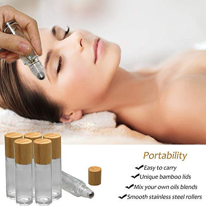 Glass Roll On Bottle with Bamboo Lid for Essential Oils 12Pcs - color: 12Pcs 10ml Clear